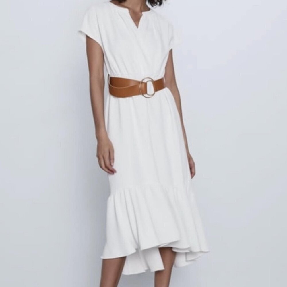 ZARA White Belted Ruffle Hem Midi Dress Women’s Size L NWT